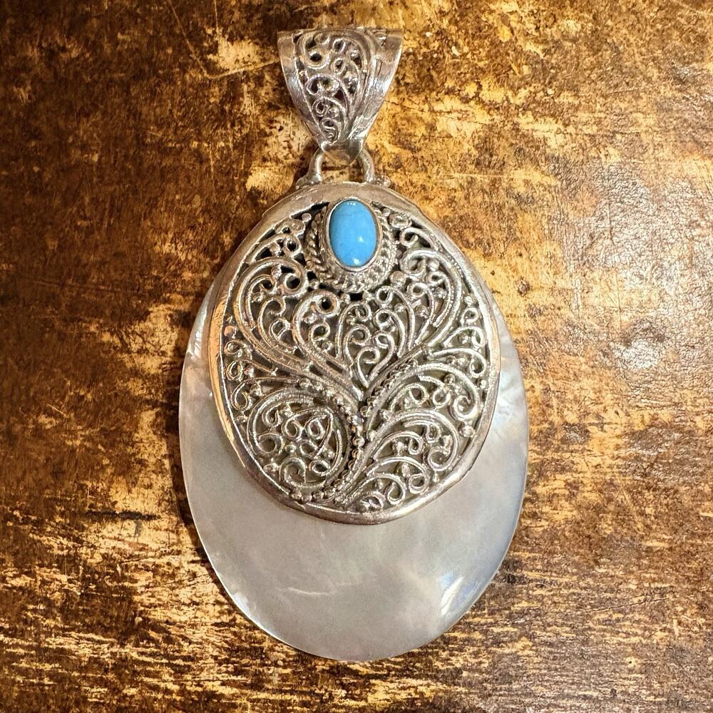 Sterling Silver, Turquoise and Mother of Pearl Pendant with Filigree Bali Style